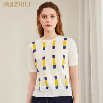 

ZHILI Women's Short Sleeve Round Neck Triple Light Color Block Stripe knit Tops Casual Blouse