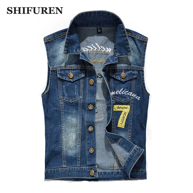 Мужской однобортный джинсовый жилет SHIFUREN AW17 ковбойский хлопковый с нашивками