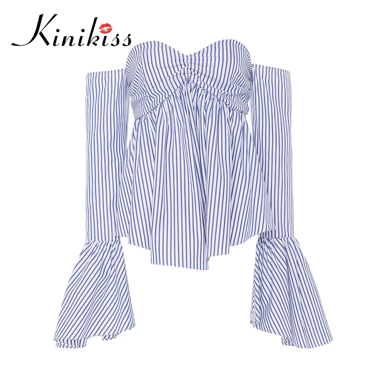 Meilleur Kinikiss Femmes Blouses Chemises Bleu Bande Flare Manches Longues Tube Tops Mode Sexy Bretelles Dos Nu Plage Lady Blouse Chemise XL