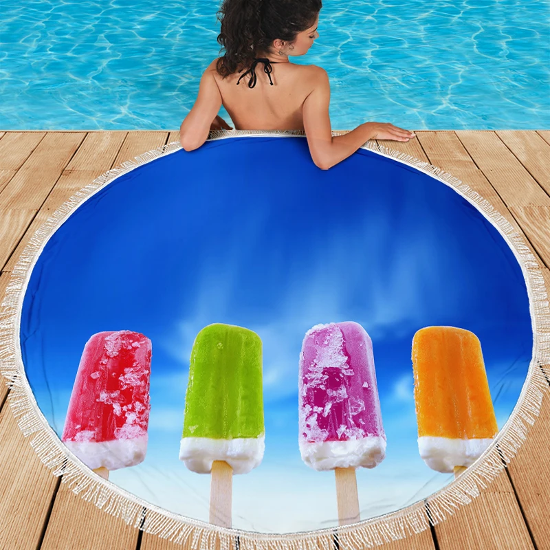 

Ice Cream Popsicle Round Beach Towel for Adults and Kids Microfiber Beach Mat Throw Towels Large Round Tablecloth Sofa Blanket