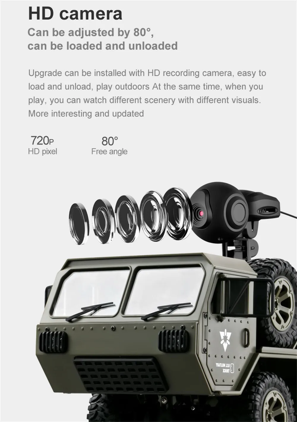 

Military Truck 4WD 2.4G APP WIFI Control Truck LED Lights Racing Drift Off-road Vehicle 720P HD Camera FPV Rock Crawler 6.19