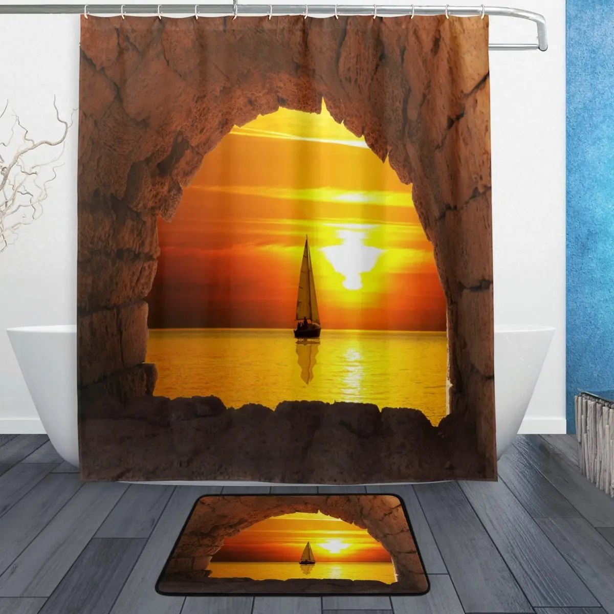 Sailing Boat on Ocean Sunset Waterproof Polyester Fabric Shower Curtain