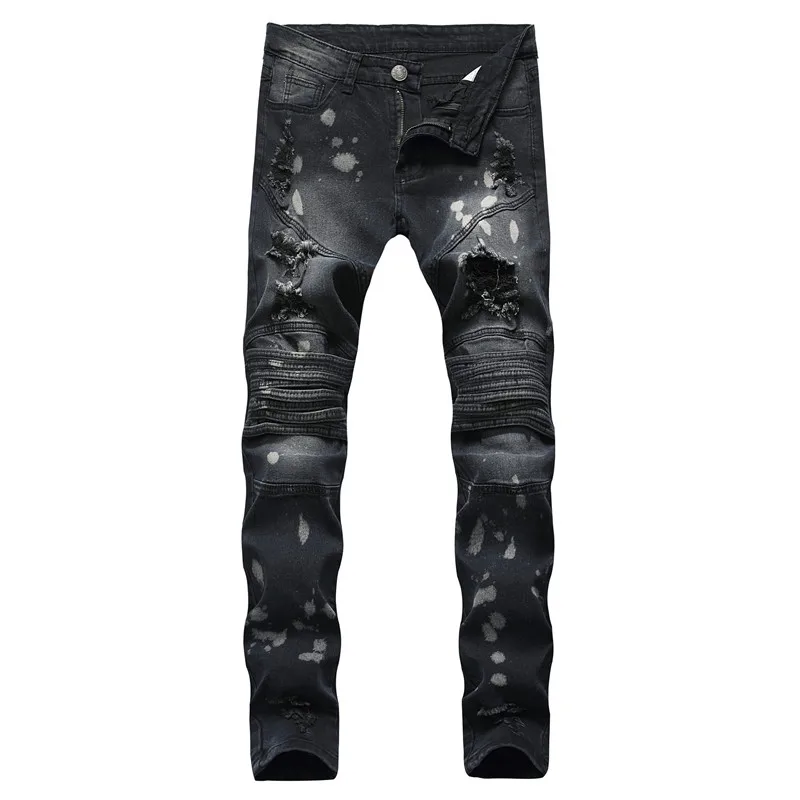 MORUANCLE Men's Ripped Painted Biker Jeans With Holes Washed Distressed