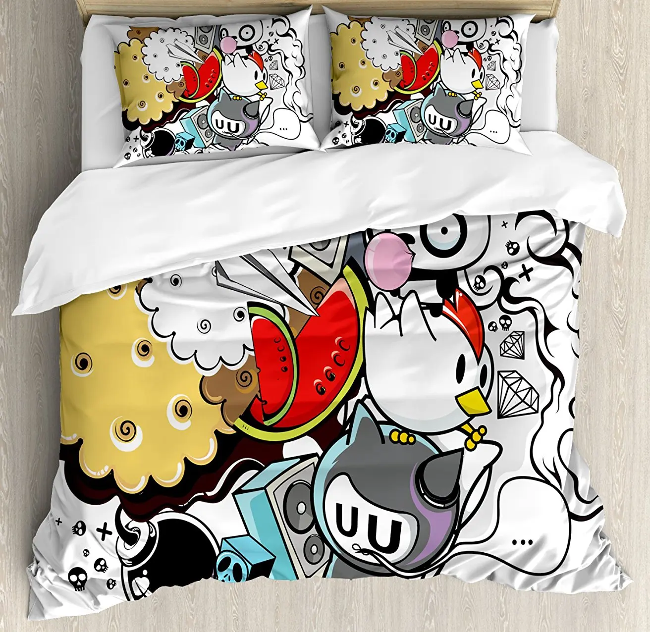 Indie Duvet Cover Set Animal And Food Themed Composition Crazy