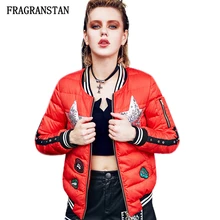 Женский воротник-стойка, красное пуховое пальто, модное пальто с принтом из мультфильмов, зимняя куртка, Женская высококачественная повседневная парка, Q860