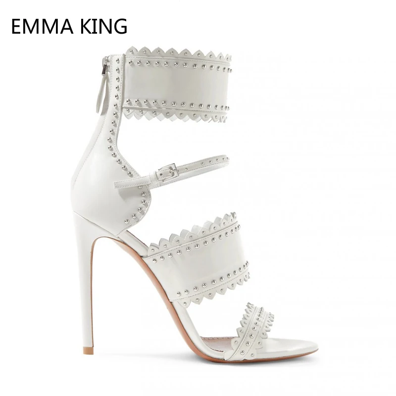 

Summer Ladies Sandals Peep Toe Rivets Studded Laser-Cut Leather Stiletto High Heel Sandals Female Fashion Dress Party Shoes