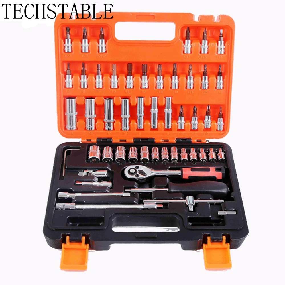 

TECHSTABLE 53pcs Automobile Motorcycle Car Repair Tool Box Precision Ratchet Wrench Set Sleeve Universal Joint Hardware Tool Kit