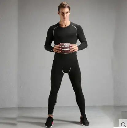 Спортивные колготки Для мужчин бега тренировки по футболу баскетболу леггинсы стрейч быстро сохнущие костюмы Фитнес одежда Chandal Hombre - Цвет: Черный