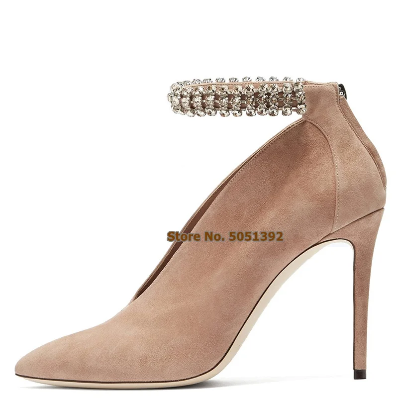 

Shinning Rhinestone Glittering Ankle straps high heel Women Suede Pointed Toe Nude fashion banquet wedding shoes Plus