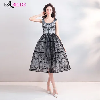 

New Arrival Ladies Short Evening Dresses 2019 Elegant A Line Sleeveless Black Lace Formal Gowns Robe De Soiree ES2207