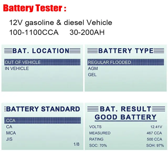 FOXWELL-probador de batería de coche BT100 Pro 12V, para GEL AGM inundado con ácido de plomo, analizador Digital de batería de 12V, herramienta de diagnóstico 100-1100CCA FOXWELL-probador de batería de coche BT100 Pro 12V, para GEL AGM inundado con ácido de plomo, analizador Digital de batería de 12V, herramienta de diagnóstico 100-1100CCA