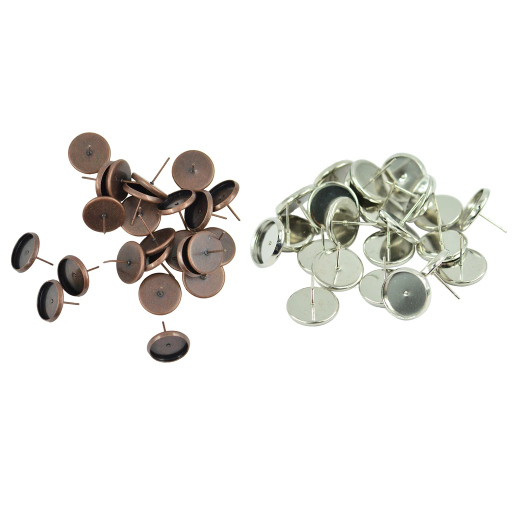 48 Pcs Vintage 12mm Round Earring Blank Ear Post Cabochon Setting Ear Studs