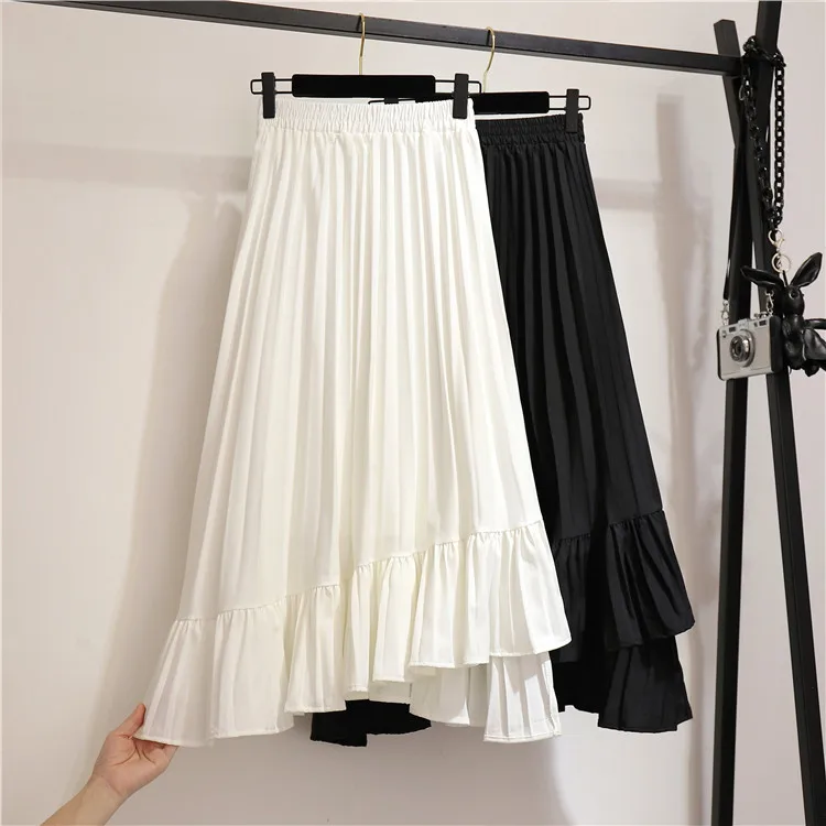 

New Spring Summer Women Skirts Luxury High Waist Irregular Pleated Skirt Womens Black White Midi Long Korean Woman Skirts