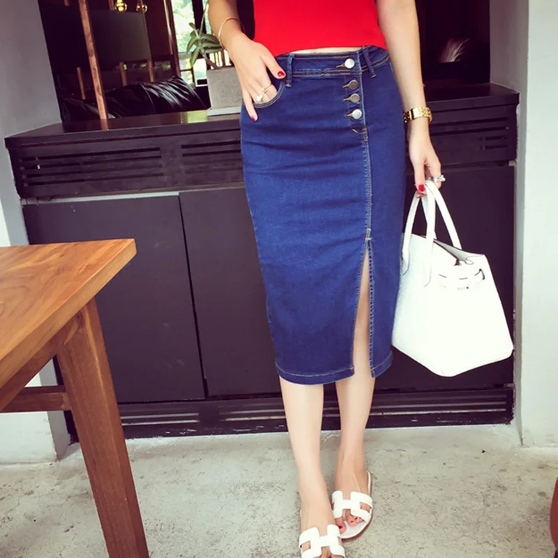 

Women Lady Solid Color Elasticity Split Slim Denim Skirt for Summer Beach Party QL Sale