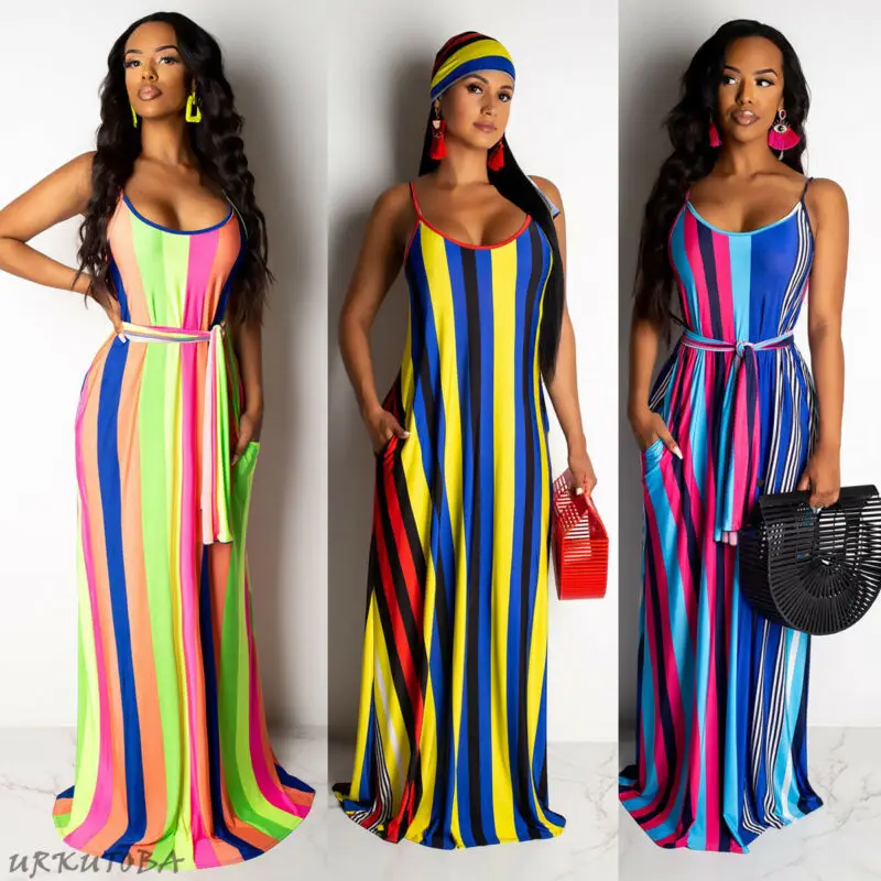 

Casual Loose New Fashio Women Striped Swing Maxi Dress Sleeveless Ladies Round Neck Female Summer Long Sundress