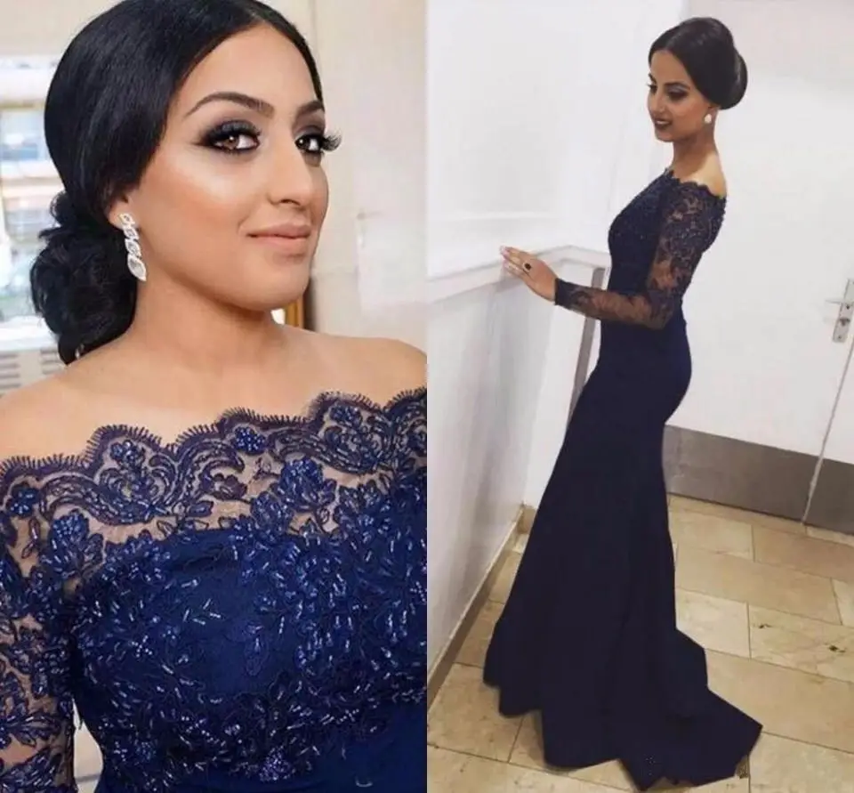 

Sexy Lace Long Sleeves Off the shoulder Mermaid Evening Dress 2019 Formal Navy blue Mother of the bride dress Custom Made