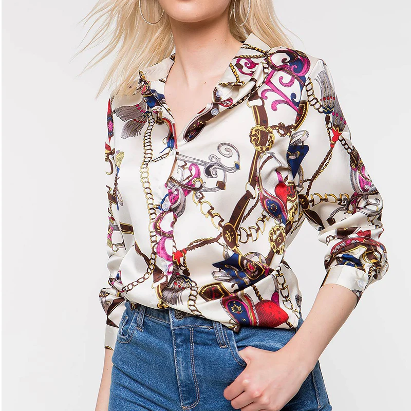 

women shirts Chain Print Casual Blouse Clothing 2019 Spring Autumn Fall Long Sleeve Elegant Button Down Shirt Ladies Tops Blouse