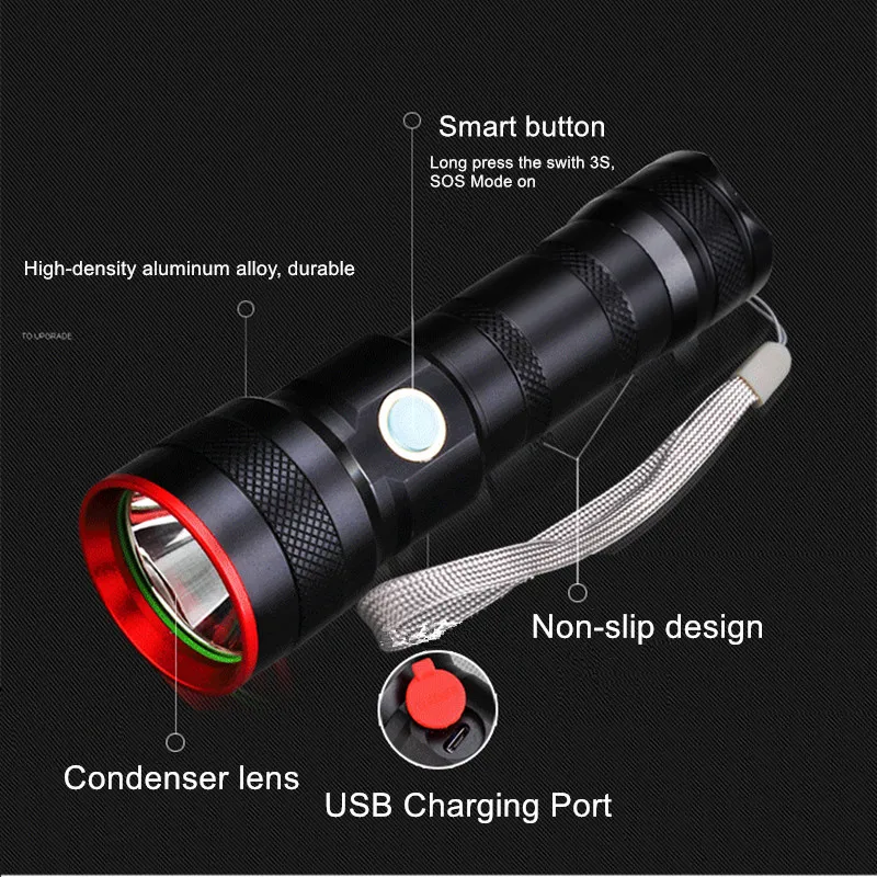 Тактический портативный фонарь 26650/18650 батарея T6 USB Перезаряжаемый светодиодный