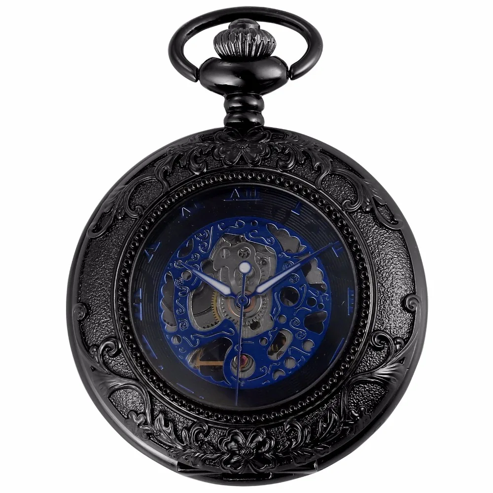 

Royal Roman Steampunk Blue Gun Tone Movement Hand Winding Relogio Clock Jewel Chain Fob Pendant Mechanical Pocket Watch /WPK204