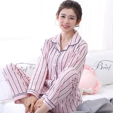 Весна Осень с длинными рукавами хлопок женские пижамы комплект Femme полосатый ночное белье женские пижамы Mujer Женская Повседневная Домашняя одежда 3XL