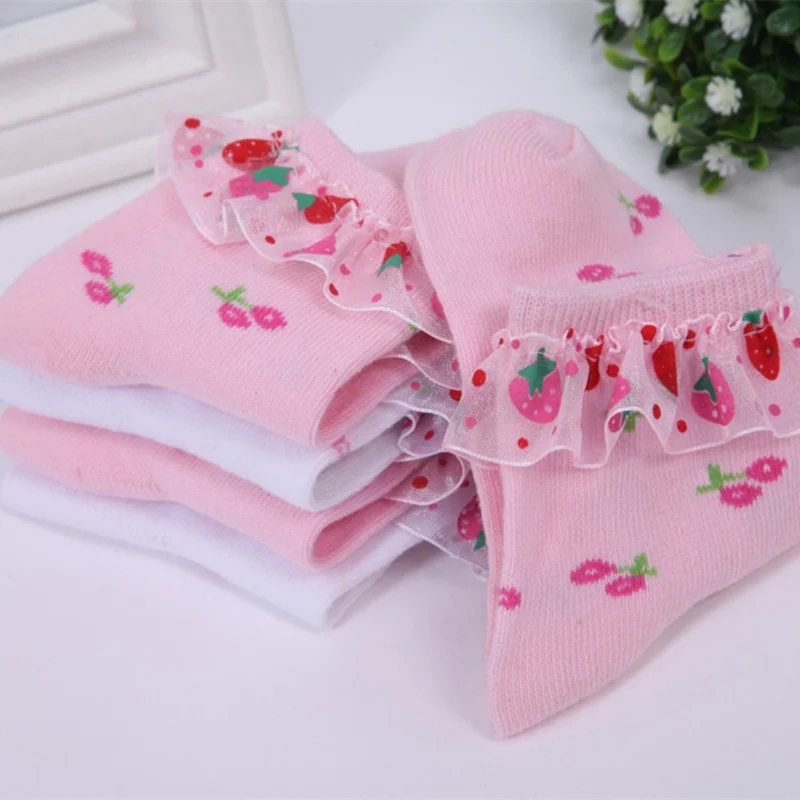 

5 Pairs Girls Socks 2019 Spring Autumn New Cherry Strawberry Cotton Lace Kids Socks 3-12 Year Socks For Girls