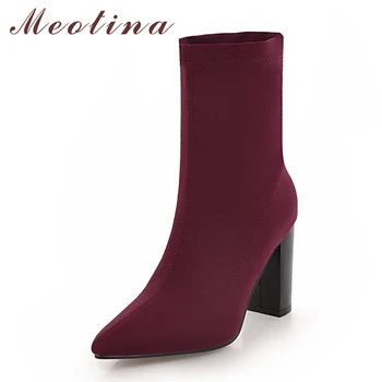 

Meotina Winter Mid Calf Boots Women Boots Square High Heels Sock Boots Autumn Pointed Toe Stretch Fabric Design Shoes Red 34-43