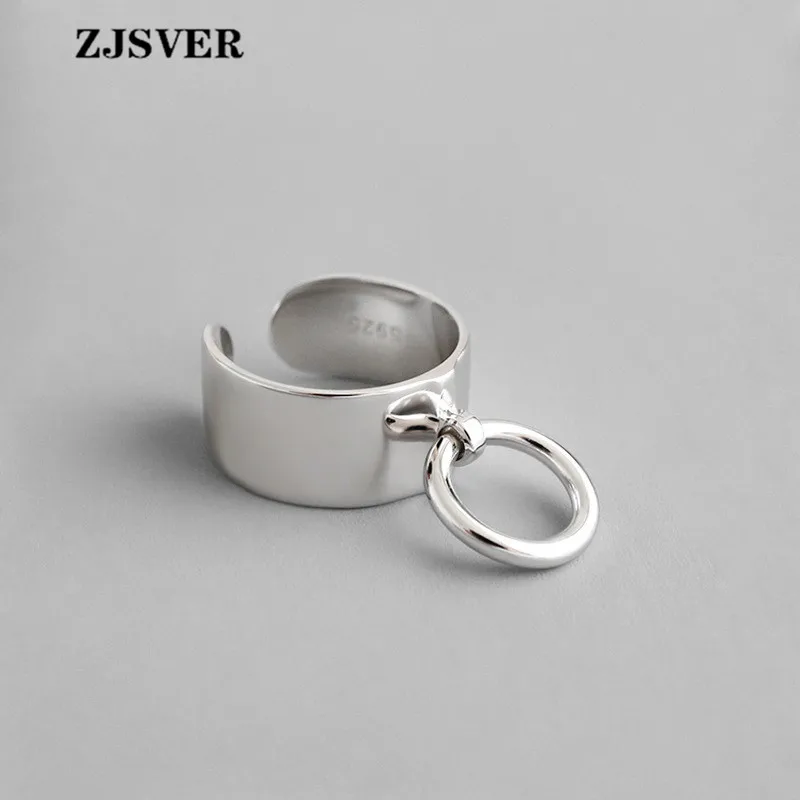 

ZJSVER Minimalist Wide Glossy Face With Circle Opening Adjustable Women Ring Fine Jewelry Present 925 Sterling Silver Rings