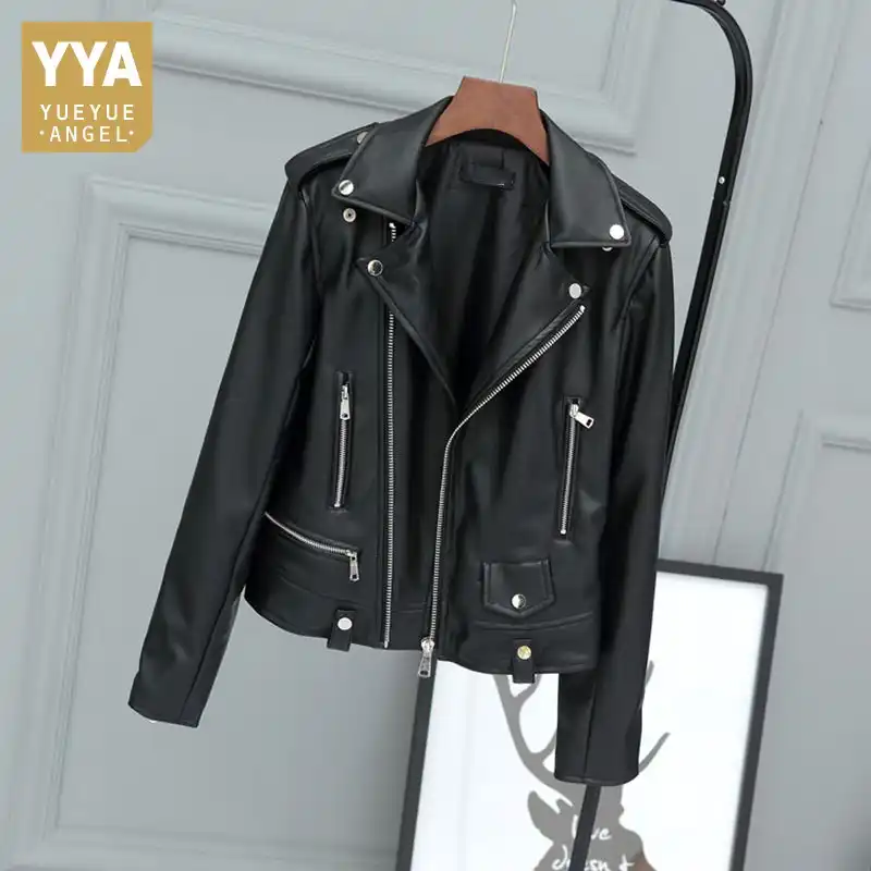 Women Winter Lapel Zipper Leather Punk Slim Biker Motorcycle Short Jacket Coat