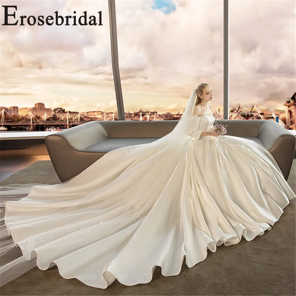 Erosebridal Новое поступление винтажное свадебное платье длинное 2019 вырез лодочкой воротник свадебное платье атласное женское платье невесты