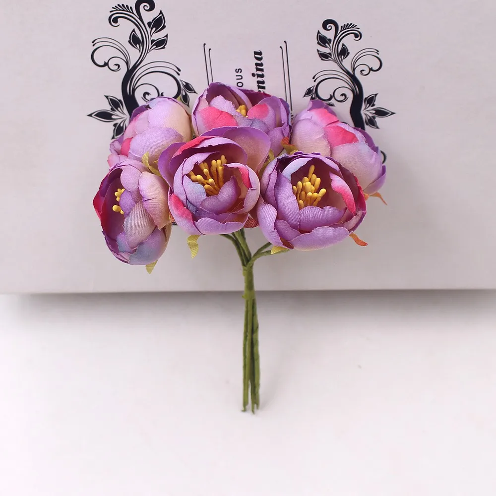 6 шт., искусственные цветы, мини-бутон чайной розы для свадьбы, украшения дома, ювелирные аксессуары, цветы для скрапбукинга, сделай сам, товары для рукоделия - Цвет: Фиолетовый