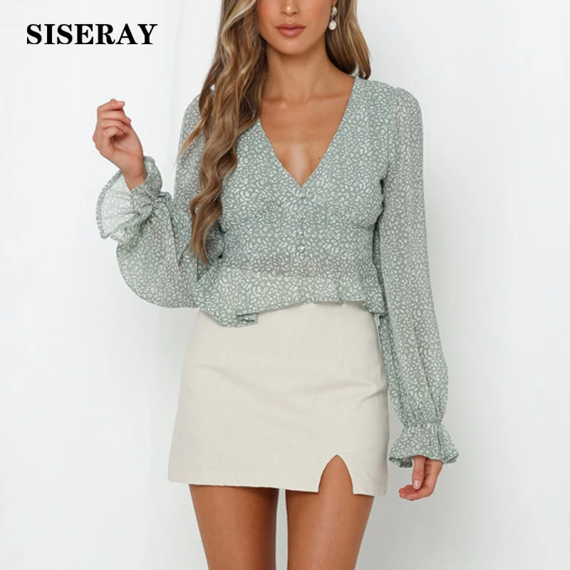 

New 2019 Button Print Chiffon Blouse V Neck Long Sleeve Womens Tops And Blouses Zipper Ruffle Chic Shirt Female Summer Clothes
