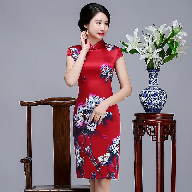 Новая летняя женская короткая тонкая Cheongsam винтажная Цветочная Китайская национальная одежда с принтом воротник стойка Женская Qipao