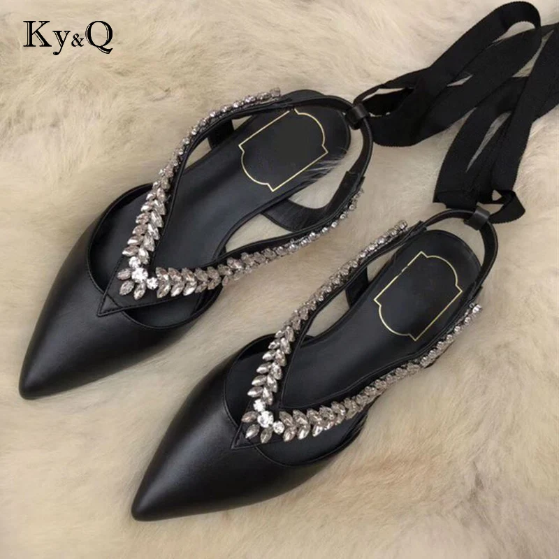 

Brands luxury women V mouth rhinestone diamond casual black pointed shoes strap flat bottom 2 colors