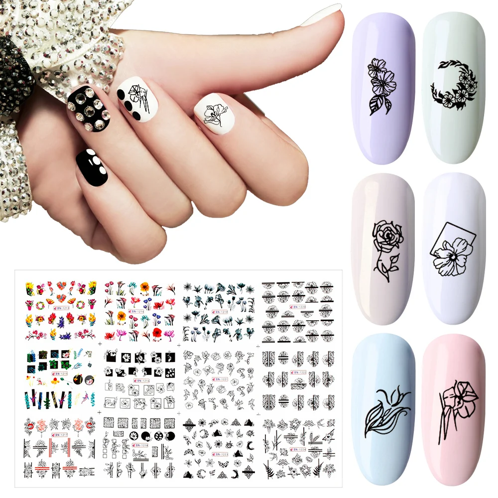 

12 Type Flower Leaf Design Slider Nail Sticker Colorful Geometry Water Transfer Decal on Nails Art Manicure Decoration Foils Tip
