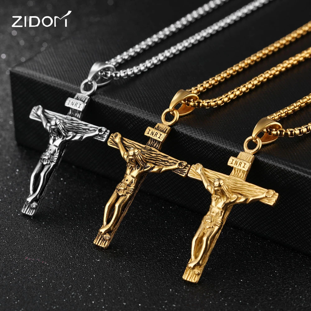 Collar de acero para hombre, Gargantilla con colgante de Cruz INRI de dorado y plateado, 2018|Collares colgantes| - AliExpress