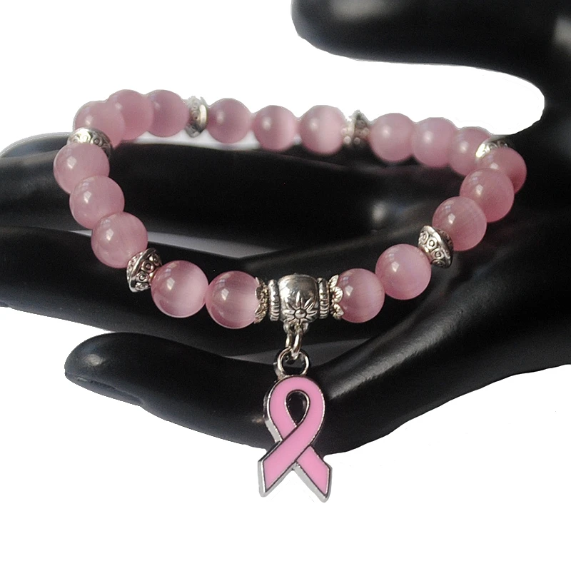New  Breast Cancer Awareness pink ribbon charm bracelet 5 color cat eye opal 8mm beads bracelets & bangle  XY160374