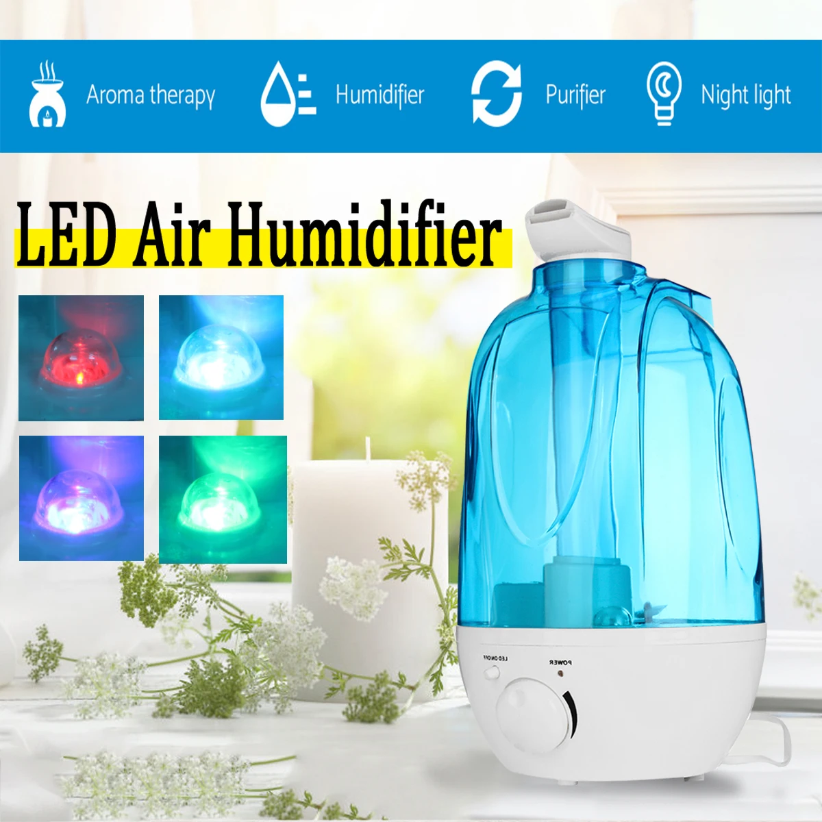 

Automatic 4L Ultrasonic Humidifier LED Light Oil Aroma Diffuser Aromatherapy Air Purifier Cool Mist Maker