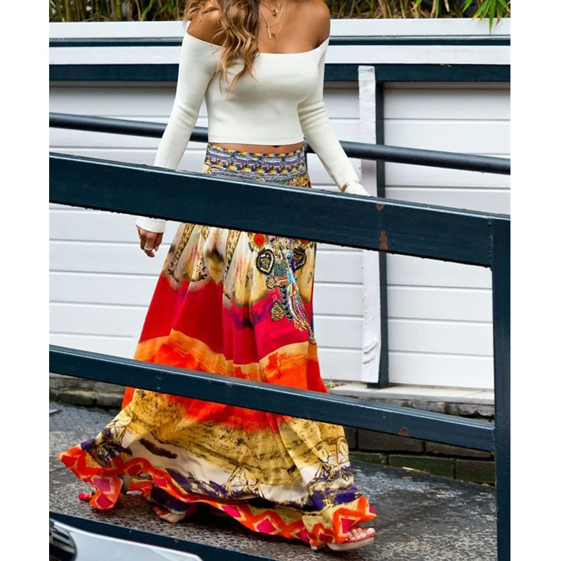 Jessie Vinson Summer Beach Plus Size Bohemia Vintage Style Loose Long Skirt Elastic Waist Ice Silk Print Maxi Skirt for Women Jessie Vinson Summer Beach Plus Size Bohemia Vintage Style Loose Long Skirt Elastic Waist Ice Silk Print Maxi Skirt for Women