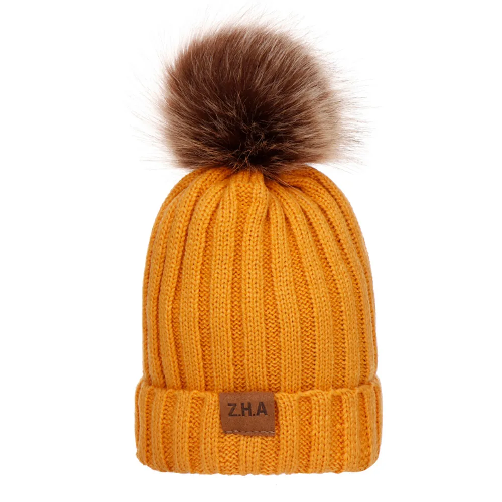 Зимние теплые шапки для маленьких мальчиков и девочек, одноцветная вязаная шапочка, шапка с меховым помпоном и помпоном, теплая детская шапочка, шапка-шапка женска - Цвет: Yellow