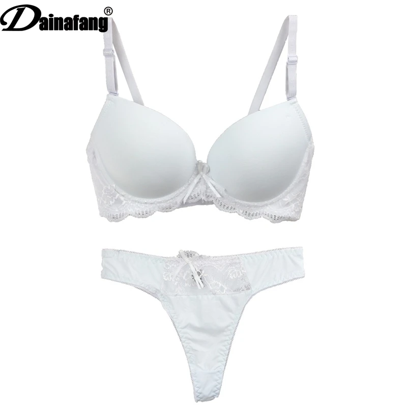 New Sexy Bra Set 3/4 Cup Push UP Cotton Polyester Bras Sets Solid Bow Decorative Underwear Lace Womens White Black Lingerie bra and thong set