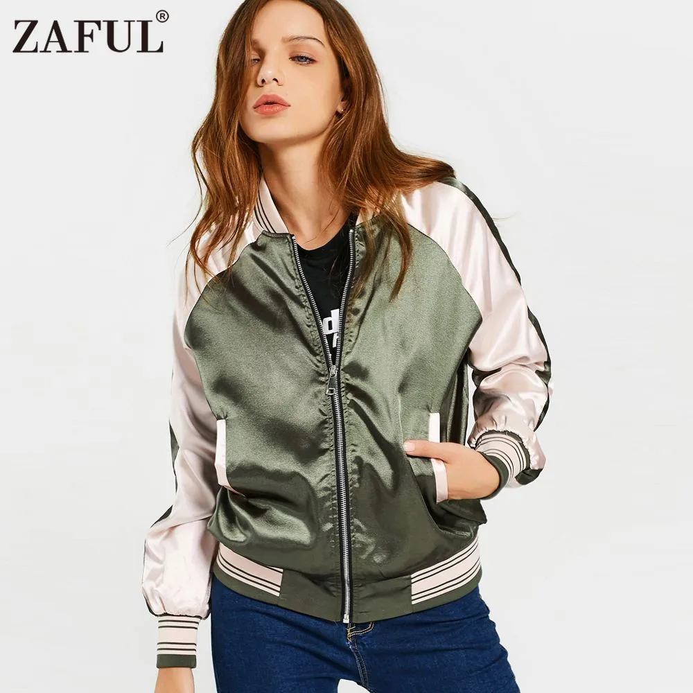 ZAFUL New Womens Autumn Casual Jackets Ladies Color Block Pocket Zipper