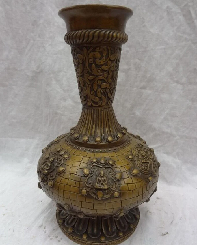 

S3162 12" Chinese Bronze Buddhist Auspicious Symbol Shakyamuni Buddha Statue Pot Vase D0318