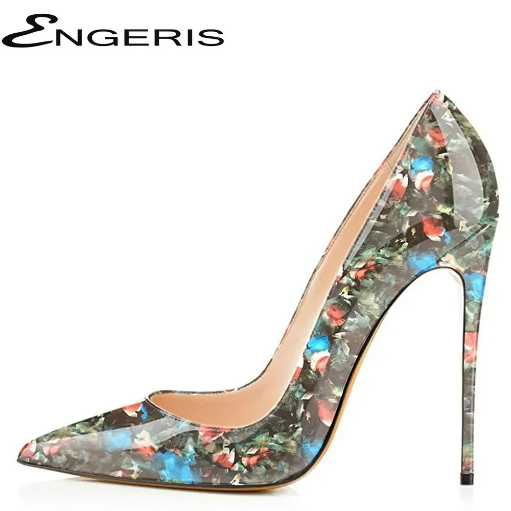 ENGERIS Women Pumps Floral Patent Leather High Heels Stilettos Pumps