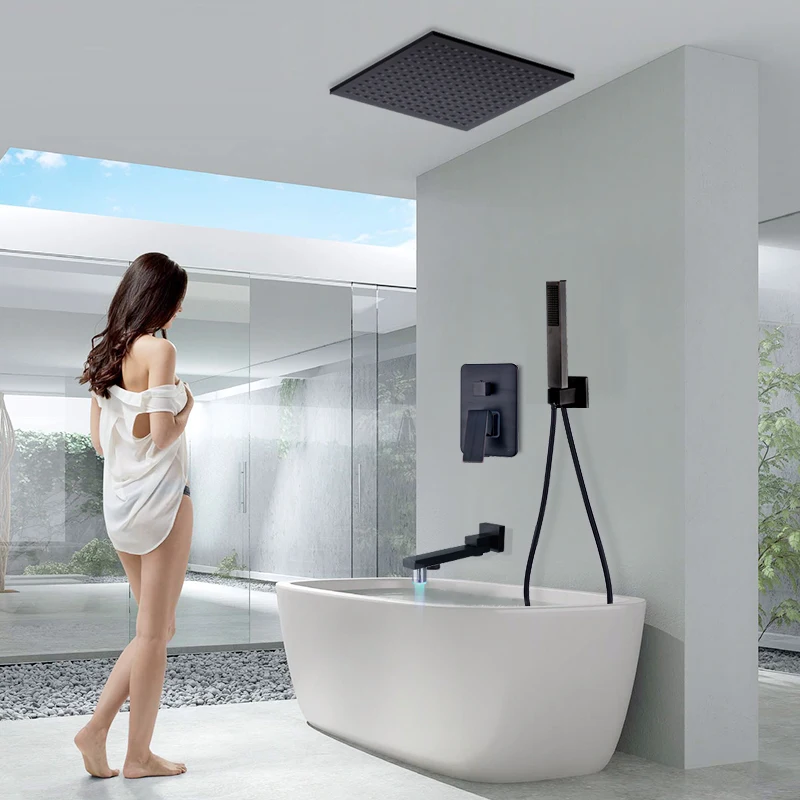 

Luxury Black Bronze Shower Faucet Set 3-Function Switch Wall Mount Rain Shower Faucet With Hand Shower LED Spout Hot Cold Mixer