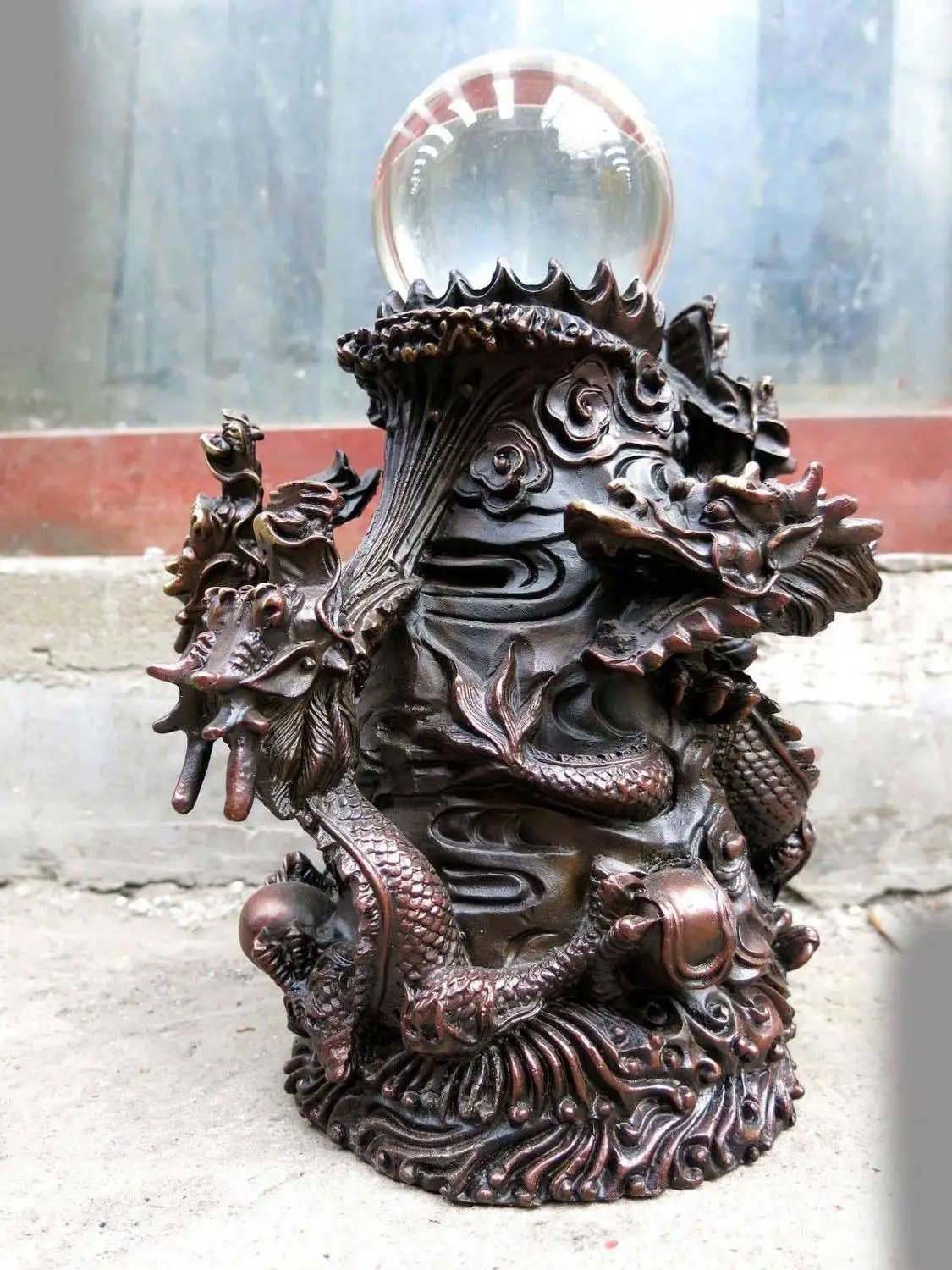 

13" China red copper fine carven four dragons are playing with a pearl Statue A(0505)
