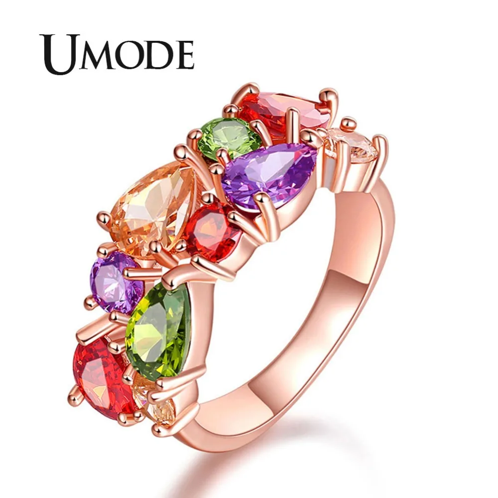 

UMODE Wedding Band Gold Womens Rings Fashion Colorful AAA+ Water Drop Cubric Zirconia Metal Jewelry for Women Wholesale UR0441