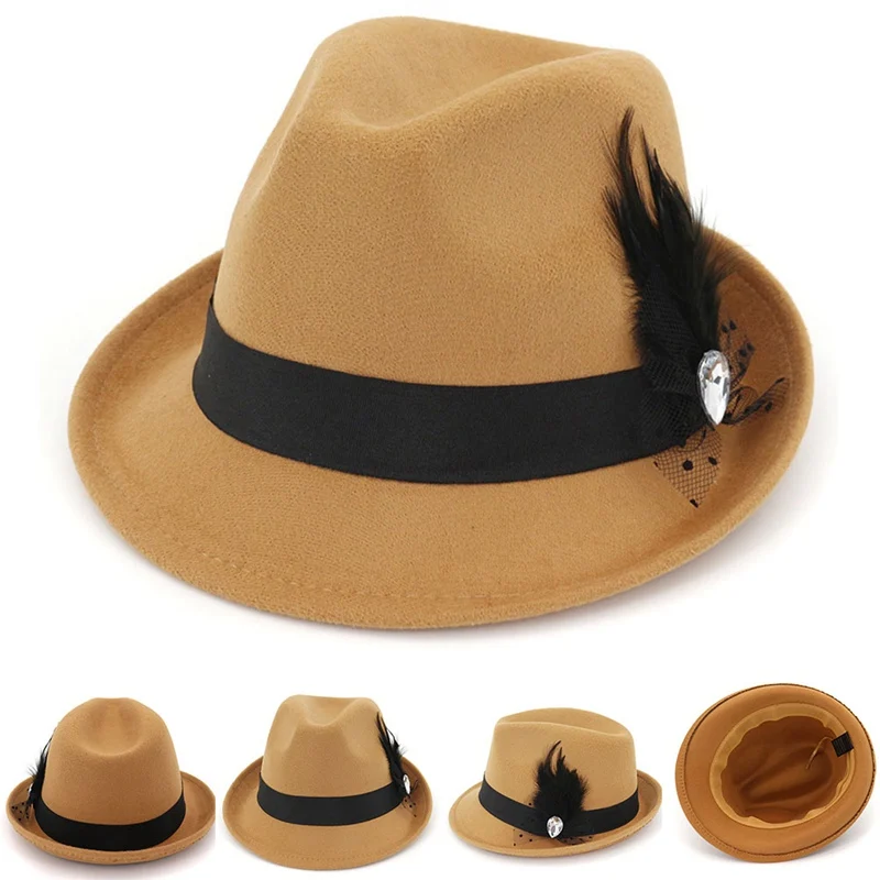 New Pretty Feather Hat For Women Solid Red Black Colors Woolen Felt Caps Ladies Winter Spring Autumn Casual Jazz Hats