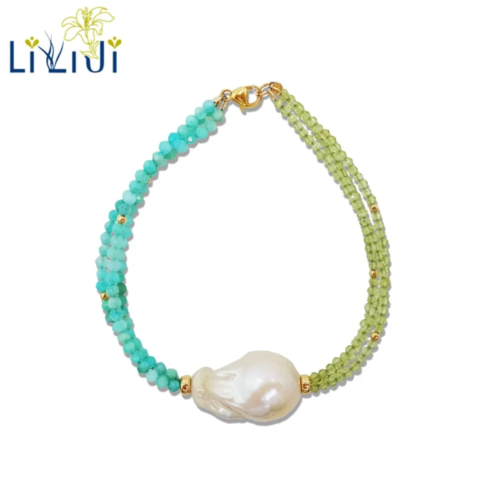 Lii Ji Natural Gemstone Peridot Amazonite Baroque Pearl 925 Sterling Silver 18K Gold Color/9K GF 3 Rows Bracelet | Украшения и