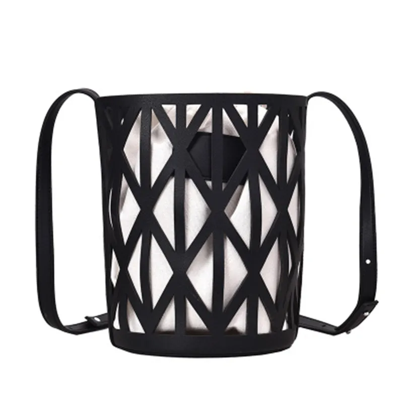 

2019 Fashion Hollow Canvas Bucket Bags Women Shoulder Bags PU Leather Drawstring Ladies Crossbody Messenger Summer Beach Bag J3