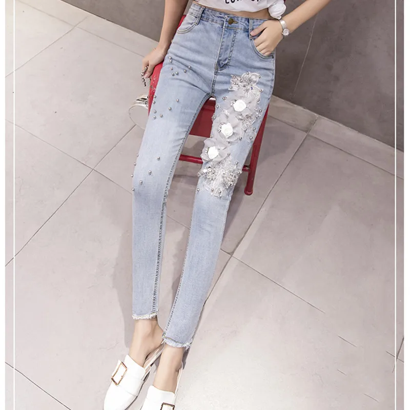 

JUJULAND 2019 Jeans Female Denim Pants Appliques flowers Womens Jeans Donna Stretch Bottoms Skinny Pants For Women Trousers 7042